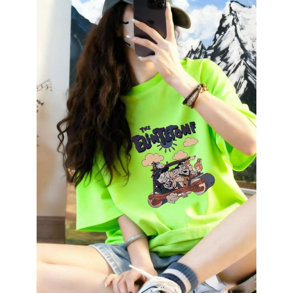 2026 Summer New Women Mid Length T-shirt American Retro Cartoon Printed Short Sleeve Casual Fashion Streetwear Tops M