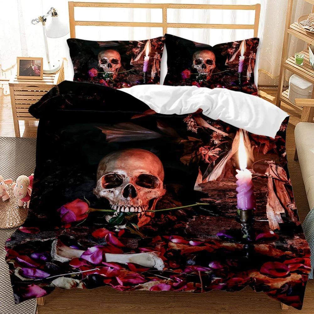 Skull Duvet Cover 3D Skeleton Floral Skull Pattern Printed Bedding Duvet Cover, Lightweight Microfiber Gothic Bedding Queen Size