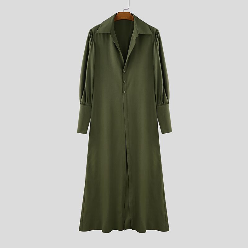 INCERUN Men Lapel Collar Long Puff Sleeve Buttons High Splits Long Shirts