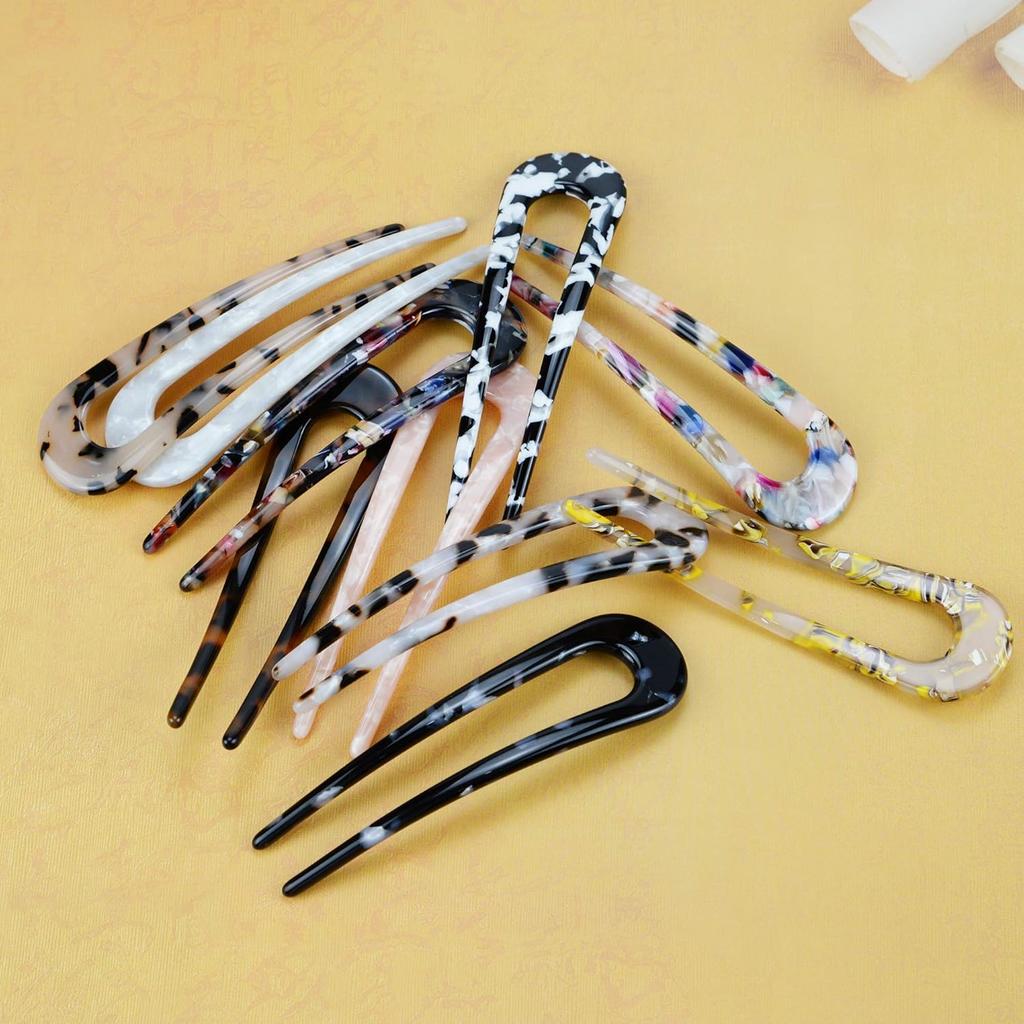 TsLinc 10 Pcs French Style Cellulose Acetate Tortoise Shell U Shaped Hair Pin Fork 2 Prong Updo Chignon Pin U-shaped Hair Pins Stick for Women Girls