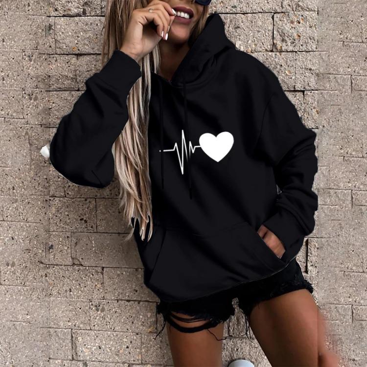 Autumn Winter Women Casual Sweatshirt Unisex Hooded Hoodies Heartbeat Print Pullover Long Sleeve S