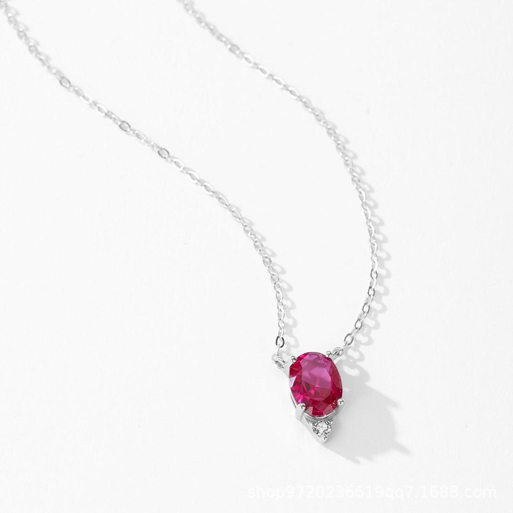 Simple Fashion Geometric Oval Zircon Clavicle Chain 925 Sterling Silver Simulated Ruby Pendant Necklace for Wedding Parties