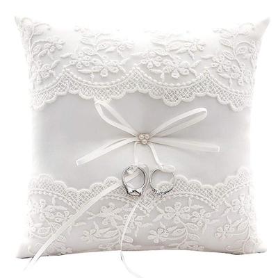 Wedding Ring Pillow, Lace Pearl Ivory Ring Bearer Cushion for Wedding Party