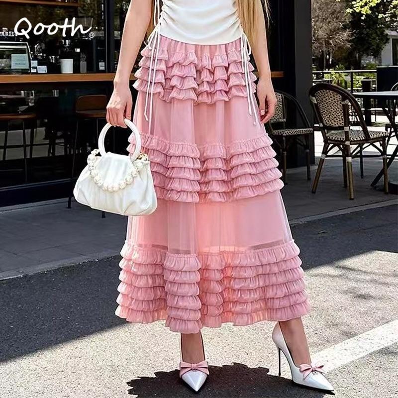 Qooth Ruffle Tulle Maxi Skirt Layered Cake High-Waisted Skirt French Ethereal Style for Party QT2860
