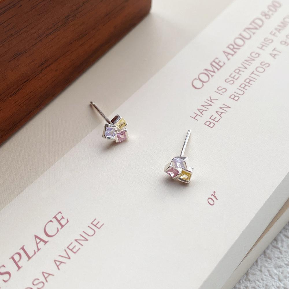 S999 Sterling Silver Colorful Dopamine Geometric Sugar Square Stud Earrings for Women - Sweet and Fresh Girly Style Sterling Silver серебряный
