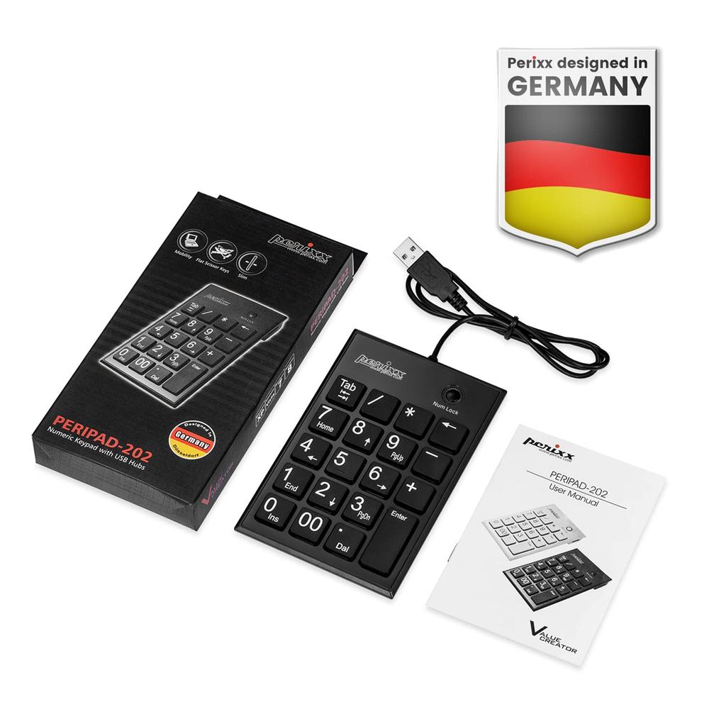 Perixx Numerisch groß 2 USB-Hubs enthalten Für diejenigen, die genügend USB-Anschlüsse haben Scherenmechanismus-Tastatur mit großer Tab-Taste und Nummernanzeige Garantie Schwarze Hubs