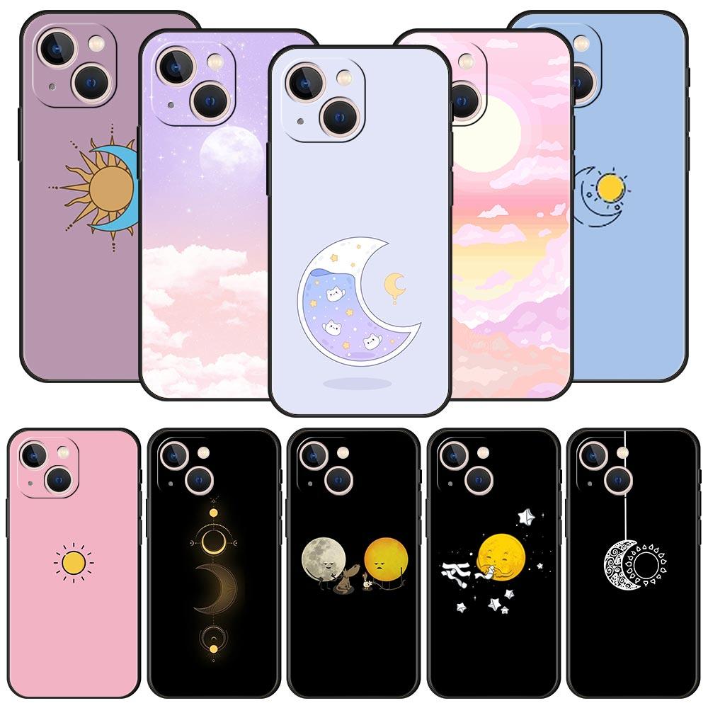 Minimalist Cartoon Sun Moon Phone Case For iPhone 16 13 15 14 12 11 Pro MAX XR X SE XS 7 8 Plus Soft TPU Shell Cover