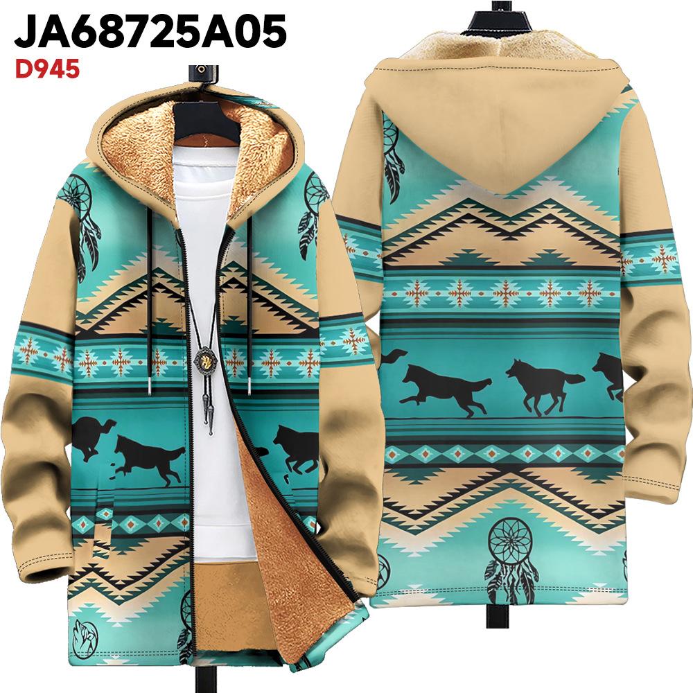New Jacket: Multi-colored Pattern Elements, Zipper Hooded Cardigan, Thickened Winter Fleece Padded Clothes, Yellow Lining, Trendy Cotton Clothes
