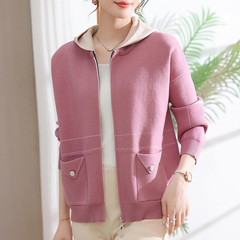 2025 Spring & Autumn Hooded Knit Cardigan for Middle-Aged & Elderly Women