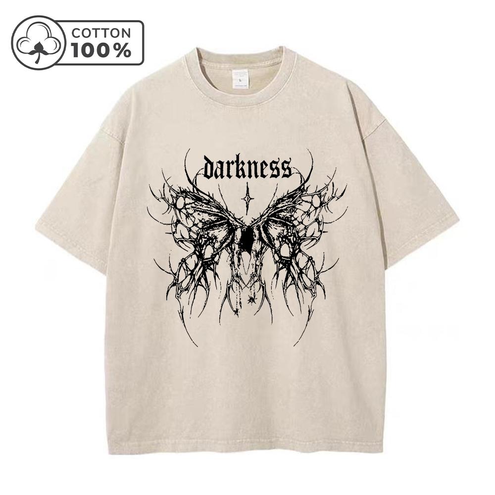 Camiseta Informal Lavada para Hombre con Estampado de Mariposas Góticas Verano Corte Holgado Algodón Puro Cuello Redondo Manga Corta Estilo Retro Urbano