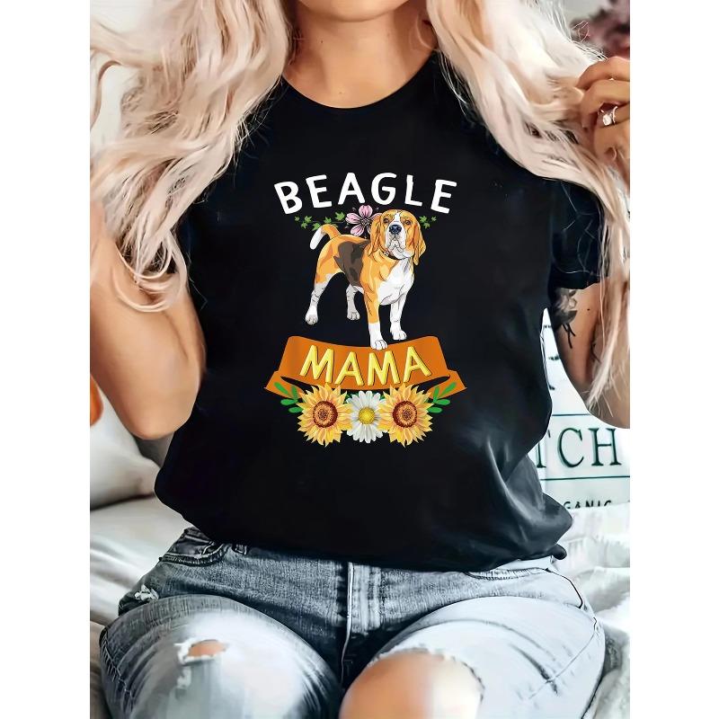 Women s Beagle Mama Puppy & Mom Graphic T-Shirt - Black Casual Short Sleeve Crew Neck Tee with Beagle Dog Design, S чёрный