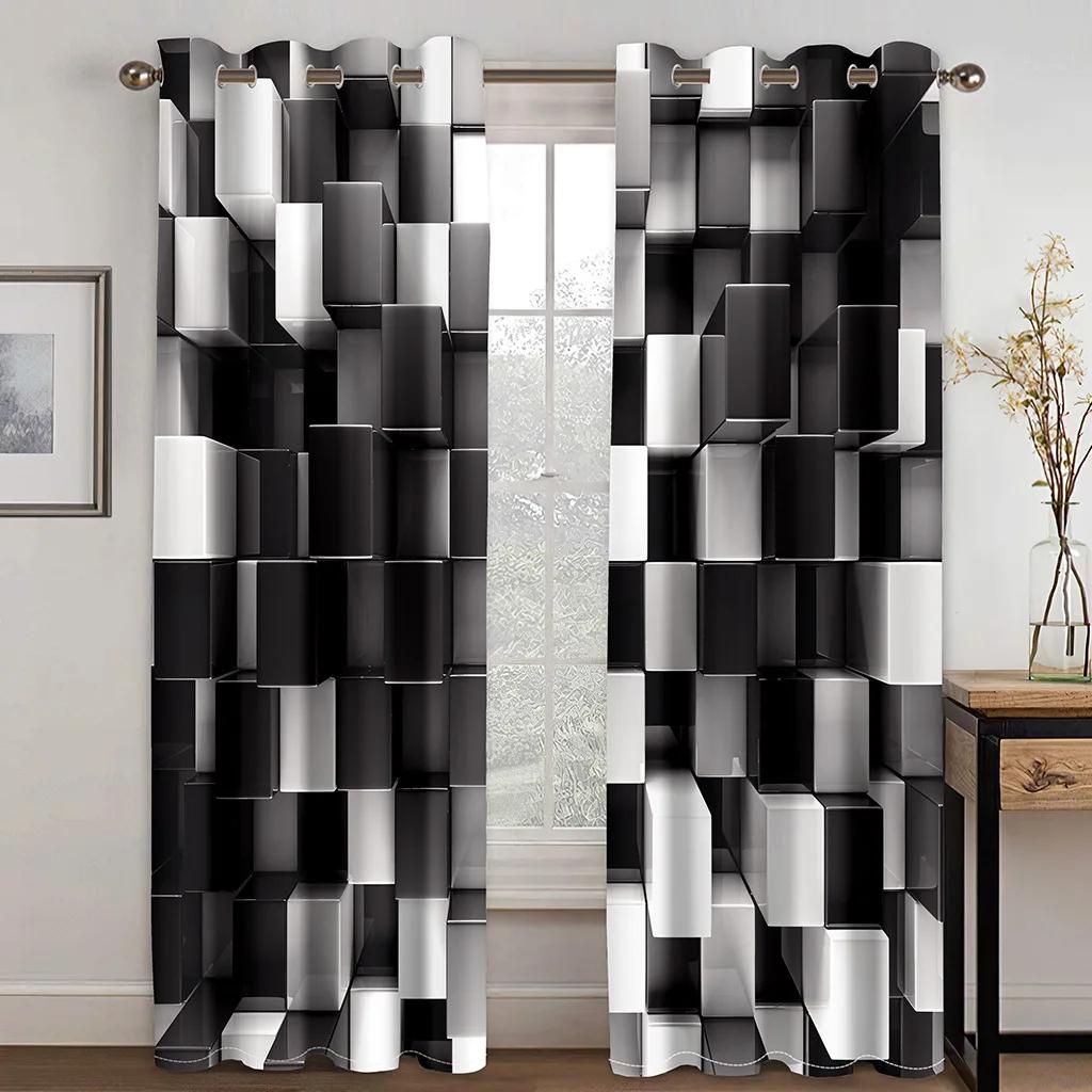 Silber Geometrie Quadrat Schwarz & Weiß Vorhänge 2 Paneele Rot Blau Wohnzimmer Schlafzimmer Küche Balkon Fenster Dekorative Vorhänge