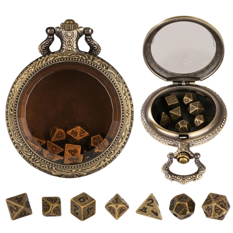 Unique Pocket Watch Case with 7pcs/set Metal Polyhedral Dices Pendant Delicate Pocket Watch for Gamers and Collectors