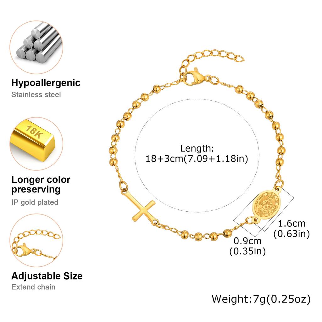 Heiliges dreifarbiges Rosenkranz-Kreuz-Armband für Damen, Edelstahl Goldfarbe Benedikt Runde Perlen Armbänder, Christentum Schmuck
