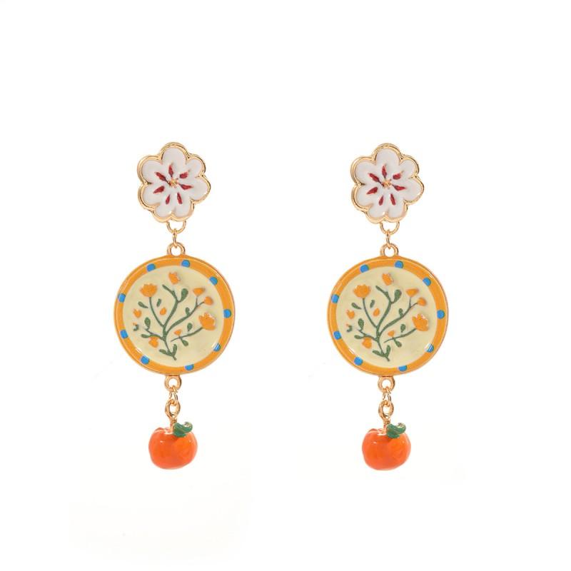 Cute Floral Orange Fruit Pendant Earrings Zinc Alloy Hand-Painted Fashion Jewelry Women