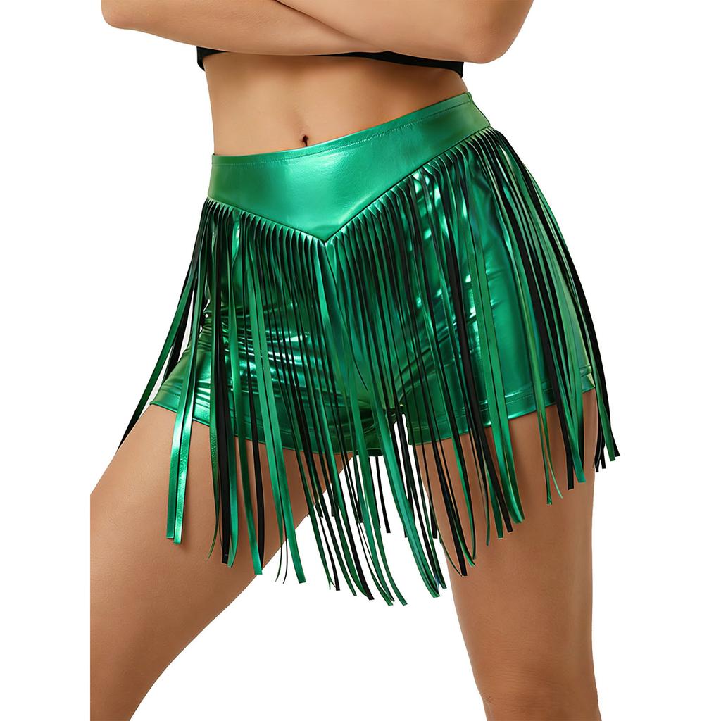 S-XXL Women's Fringed Booty Shorts: High Waist Iridescent Metallic Hot Pants with Tassel for Jazz Rock Dance Performance