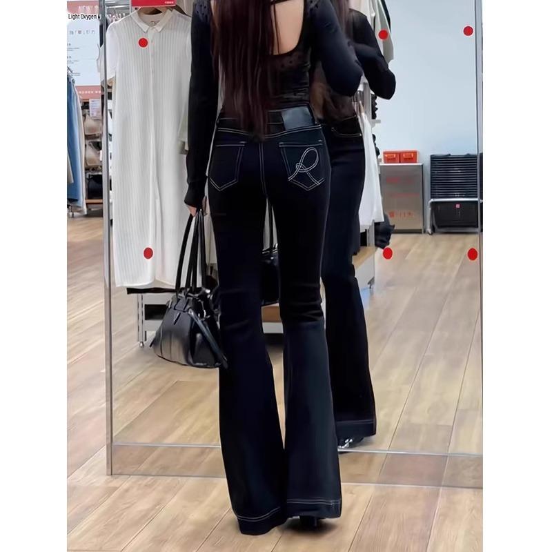 

Women s Black Embroidered Micro Flare Jeans - High Waist, Plus Size, Stretch, Slimming, Straight Leg, Floor Length Pants for Spring/Summer M