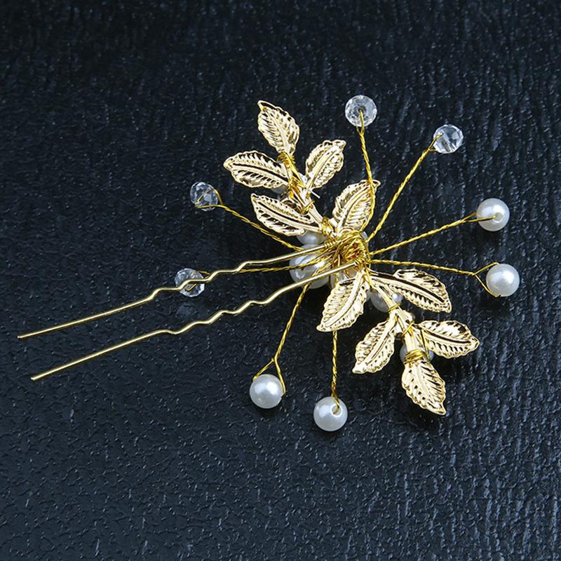 Crystal Pearl Flower Hair Pins Clips U-Shaped Hairpin Gold Leaf Pearl Hair Fork