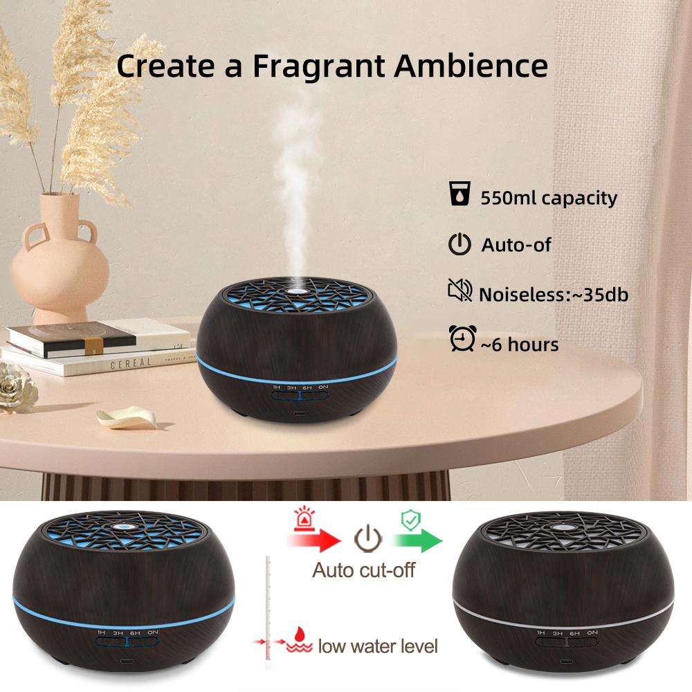 550ml Large Room Essential Oil Diffuser with 6 Premium Oils Remote Control 7 Color LED Light, Auto Timer Perfect for Home, Offi