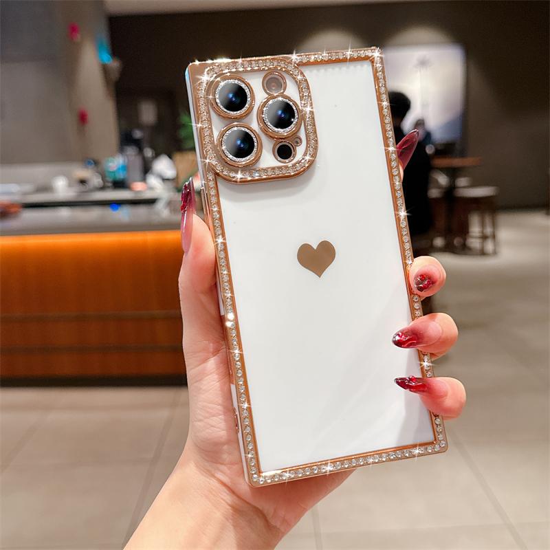 Luxury Diamond Glitter Love Heart Phone Case For iPhone 13 14 15 16 Pro Max Plus Fashion Plating Soft Shockproof Bumper Cover