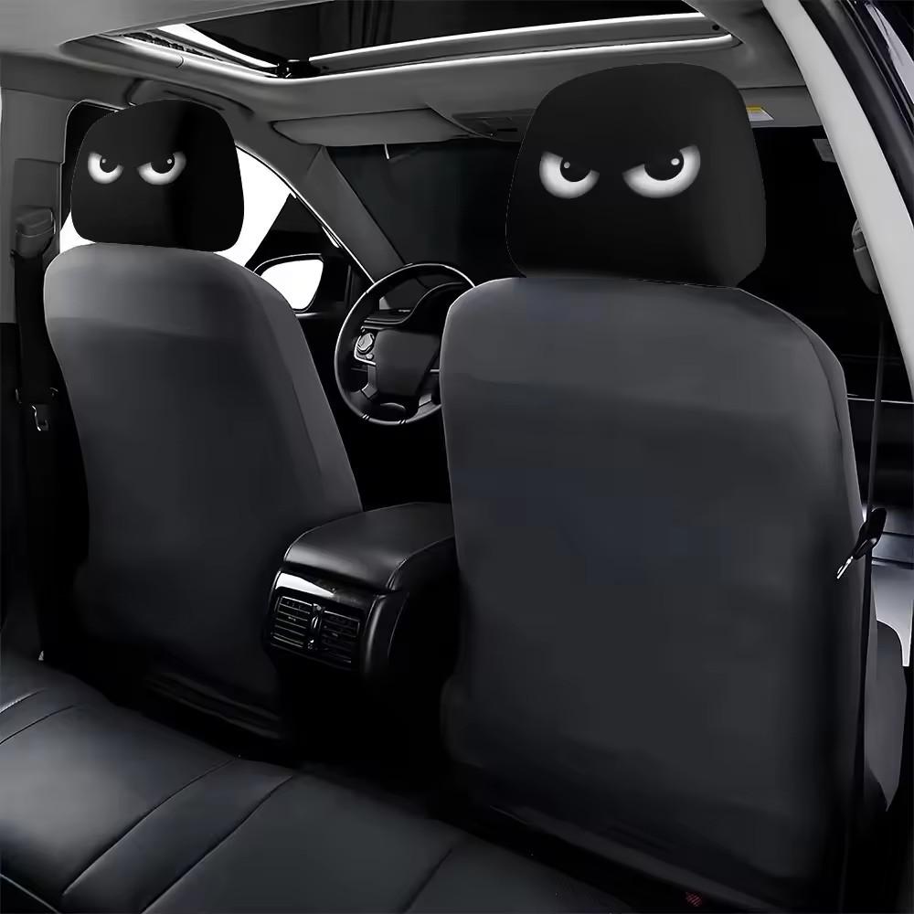 2PCS Funny Slanted Eyes Cartoon Print Car Pillowcase Cover Soft Comfortable Automobile Auto Seat Headrest Washable Fabric