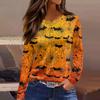Women's Halloween Print Long Sleeve Top with Round Neck and Hem Slit