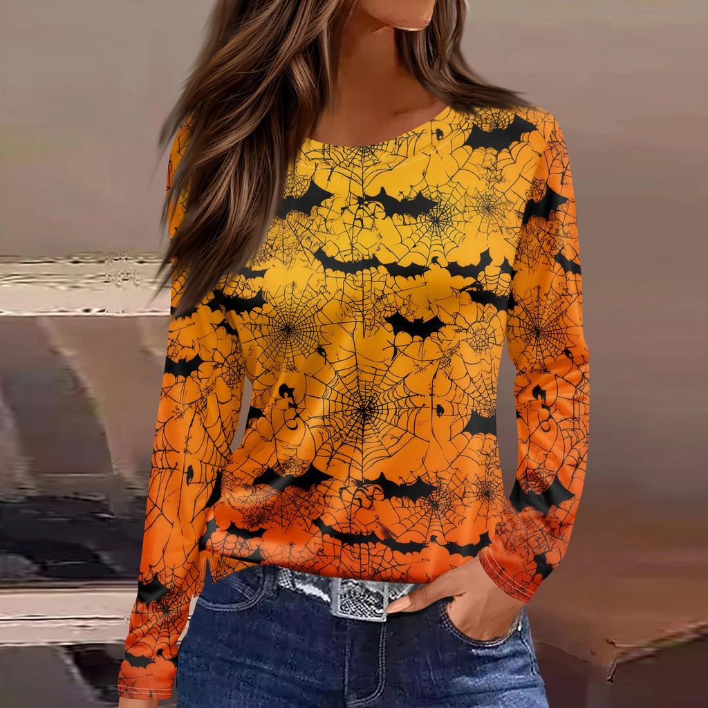 Women's Halloween Print Long Sleeve Top with Round Neck and Hem Slit
