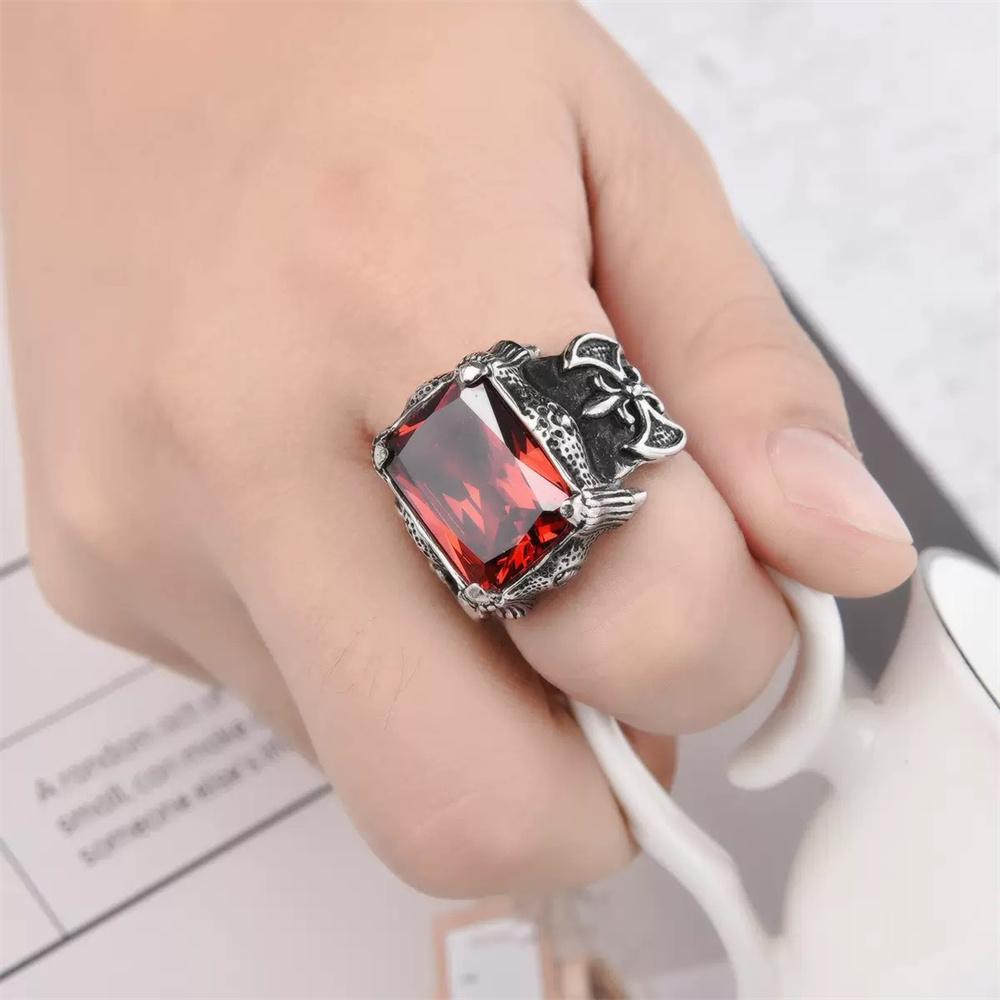 Huge Ruby Claw Ring Stainless Steel Jewelry Stone Man Oxe Ring