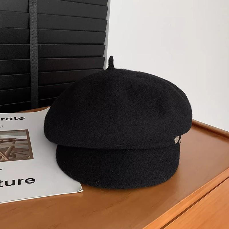 Шерстяная беретка для женщин с коротким козырьком, осенне-зимняя мода, повседневный стиль чёрный