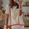 2025 Striped Contrast Knit Sweater: European/American Style, Drop Shoulder, Short Sleeve Top