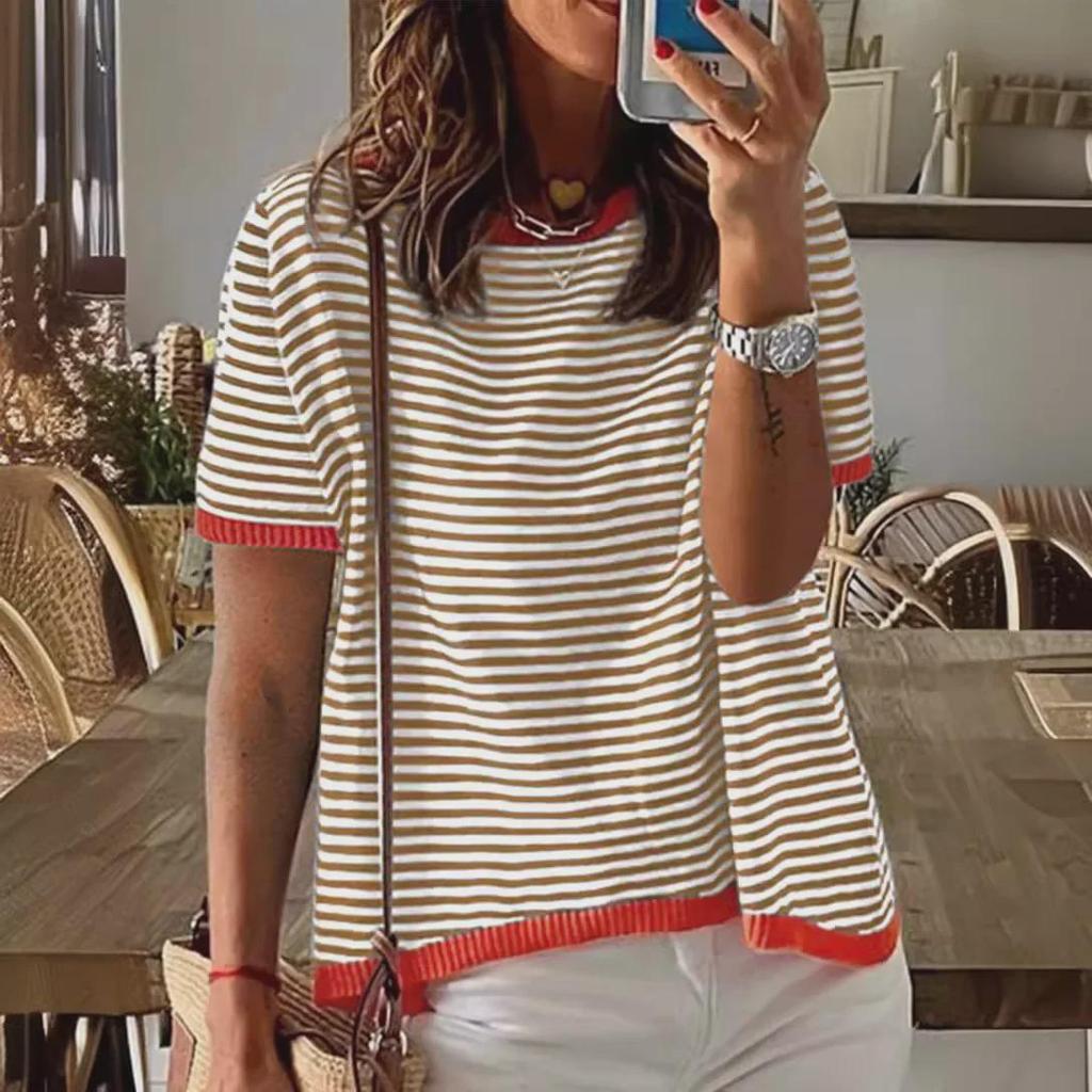 2025 Striped Contrast Knit Sweater: European/American Style, Drop Shoulder, Short Sleeve Top