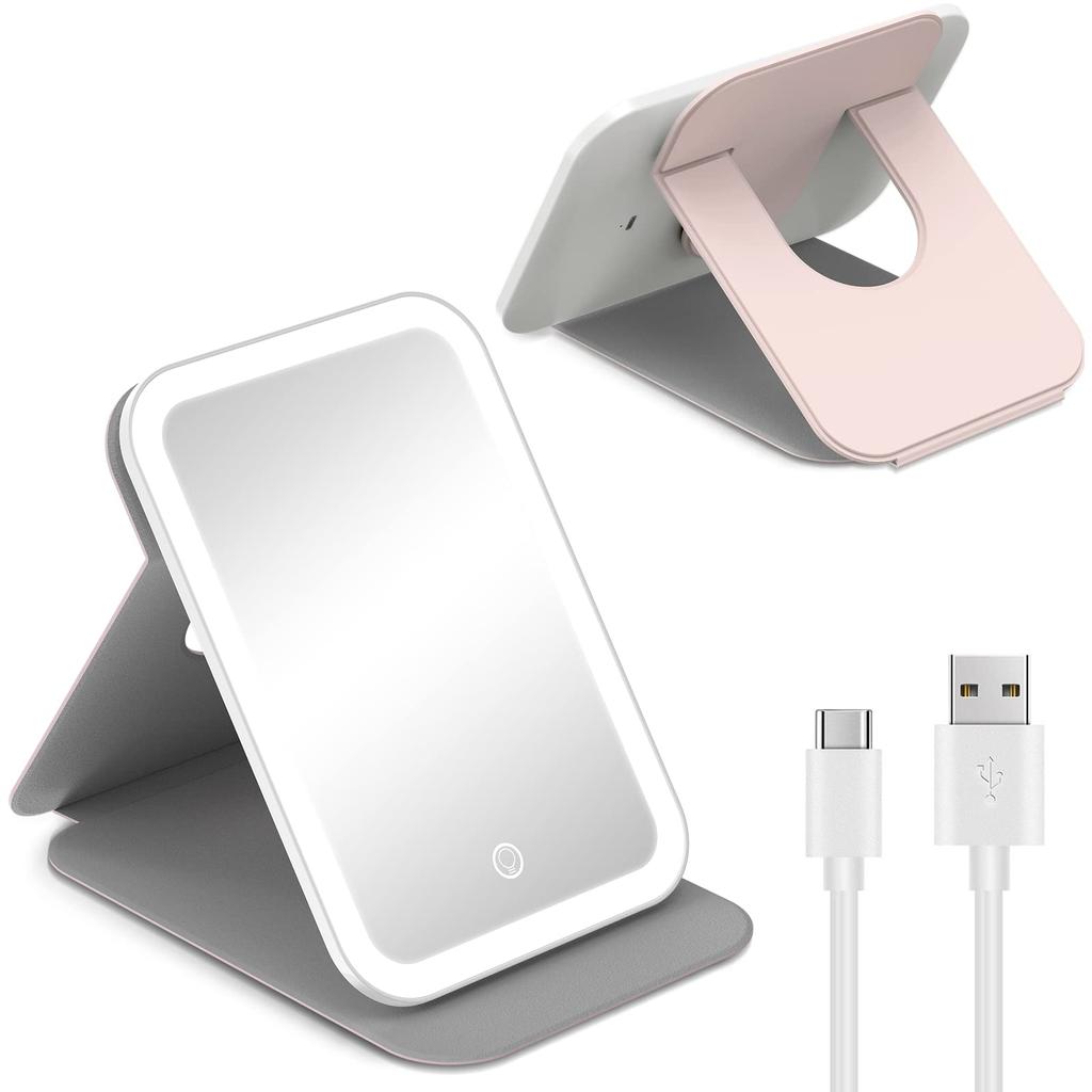 Gospire 60 LED Folding Makeup Mirror with Rechargeable Compact 3 Colors Adjustable Brightness Mirror, & (Pink)