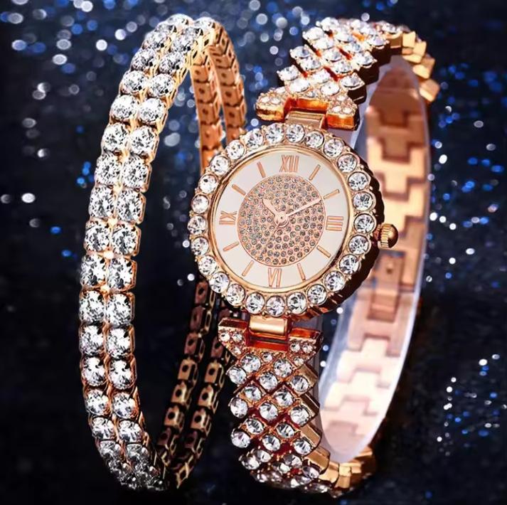 New Korean Version Of Women'S Watch Women'S Alloy Full Diamond Quartz Bracelet Set