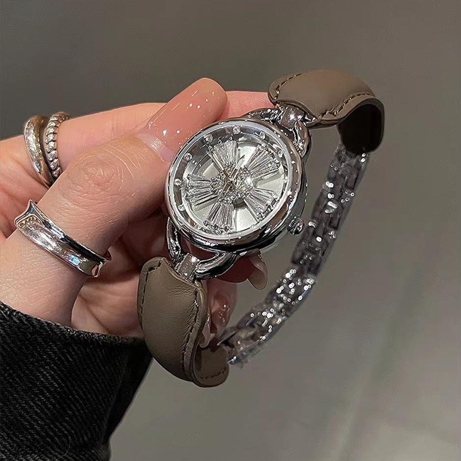 Luxury Rotating Flower Women Watch Leather Splicing Metal Strap Round Dial Fashion Elegant Ladies Quartz Dress Wristwatch Gift