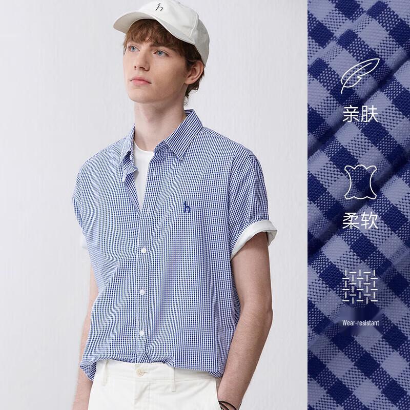 

HAZZYS Men s Summer Seersucker Plaid Short-Sleeved Shirt 46