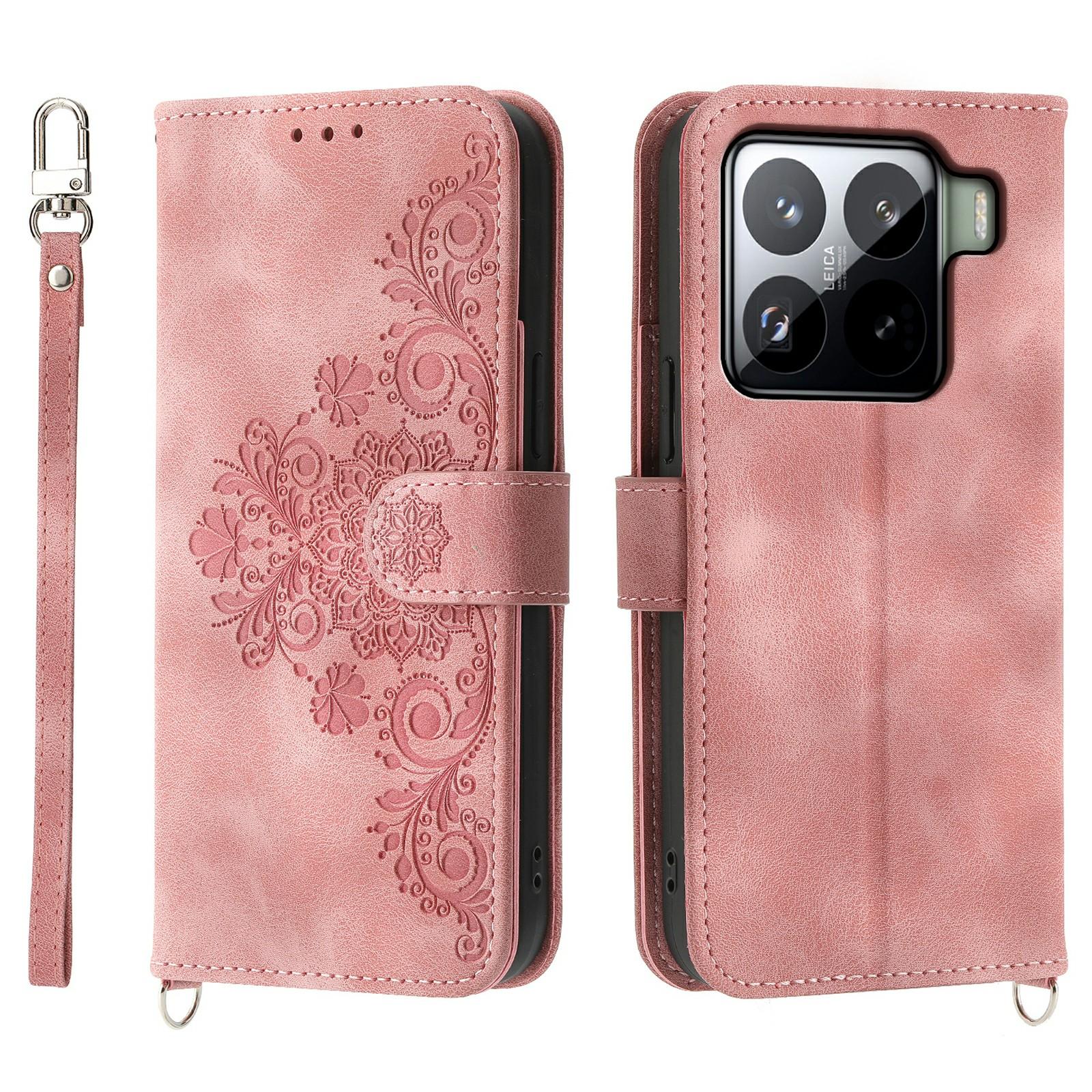 

Для Xiaomi 15 Pro Чехол с цветочным узором из ПУ кожи, кошелек, чехол для телефона со шнурком Pink