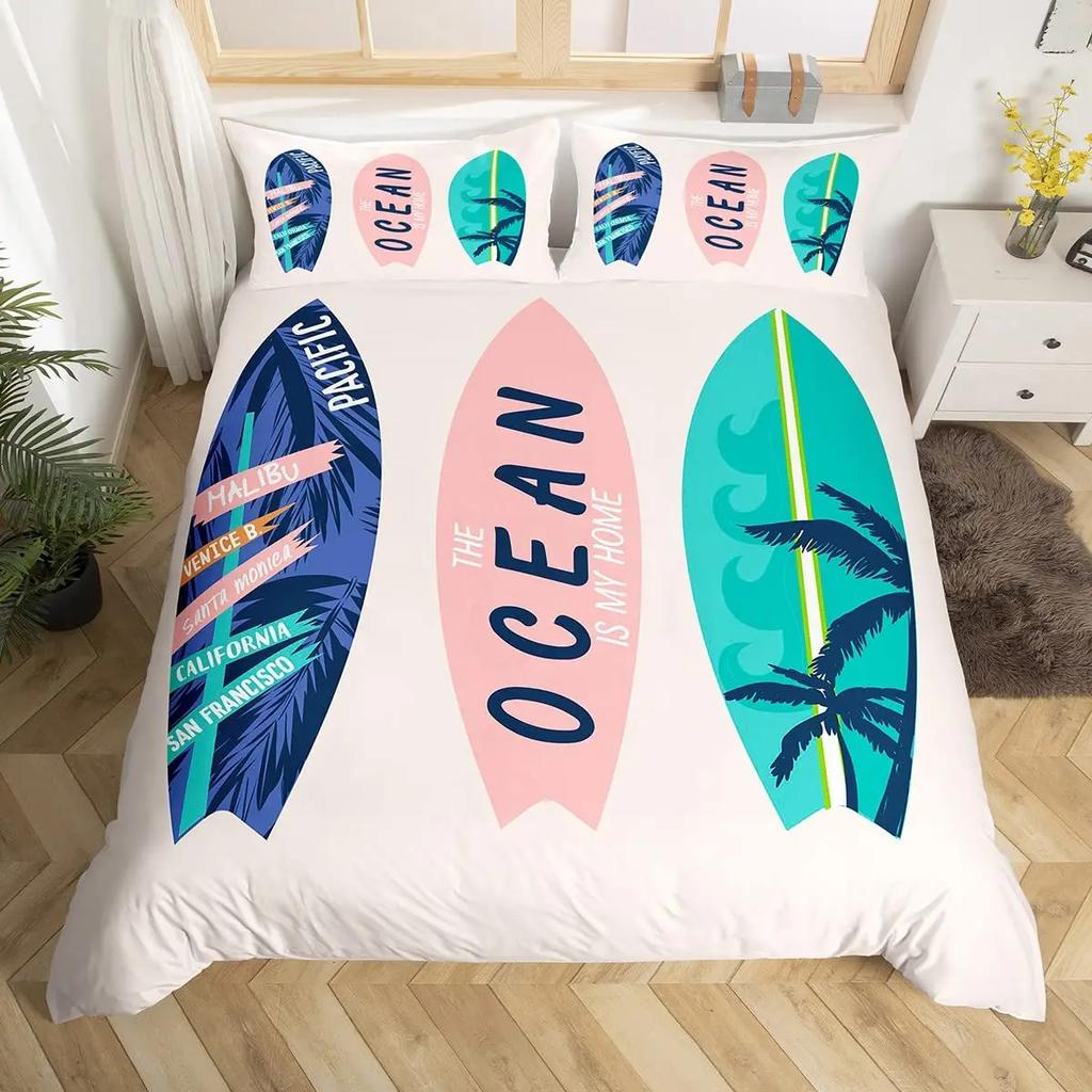 Surf Duvet Cover Set Retro Posters Group Summer Vacation Theme Water Sports California Beach Surfboard Wood Board Bedding Sets
