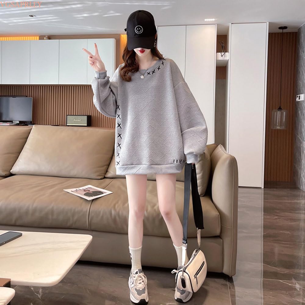 VGSAPRLEY Long Crew Pullover Loose Plus Korean Solid VG26 Women's Sweatshirt, Sleeve, Neck, Sweatshirt, Embroidered, Fit, Sizes, Casual, Simple,
