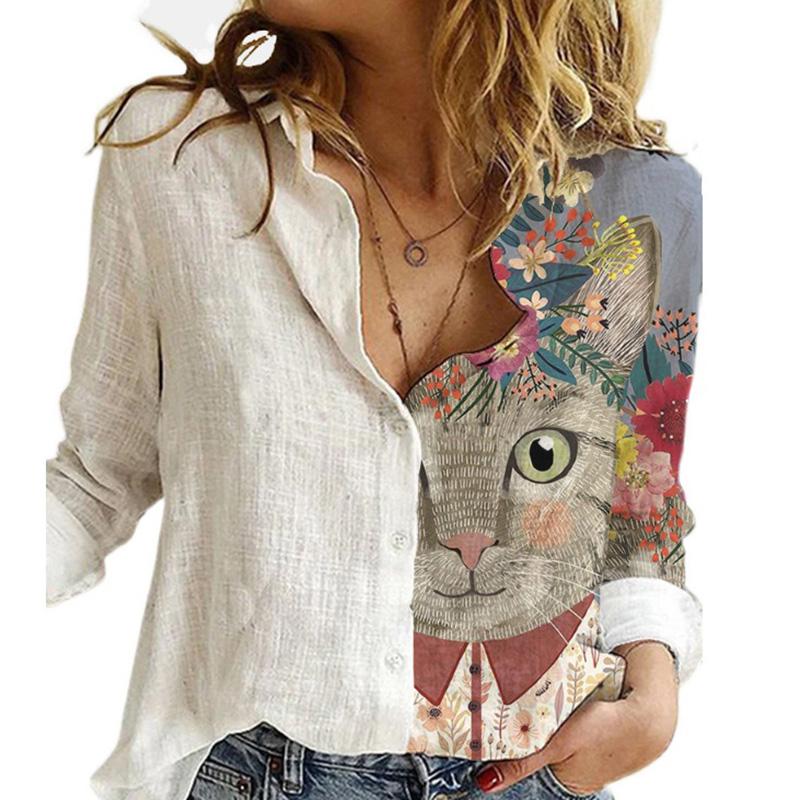 Tier Muster Damenhemd Weißes Oberteil Langarm Revers Lässig Bedruckte Strickjacke Tops