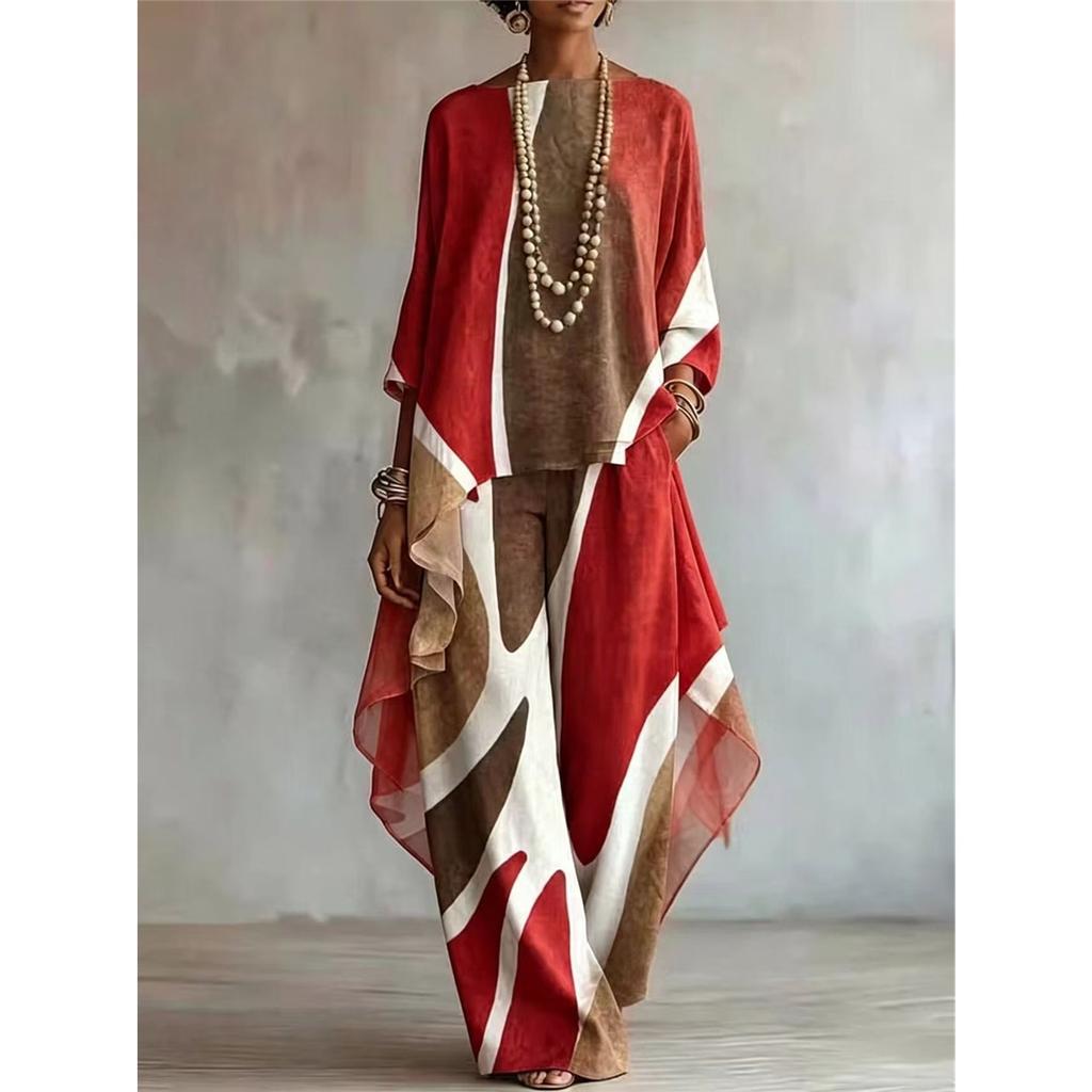 Women Abstract Print 2‑Piece Outfit Irregular Cape Tops Wide Leg Pants Set Loose Casual Ladies Two Piece Tracksuit
