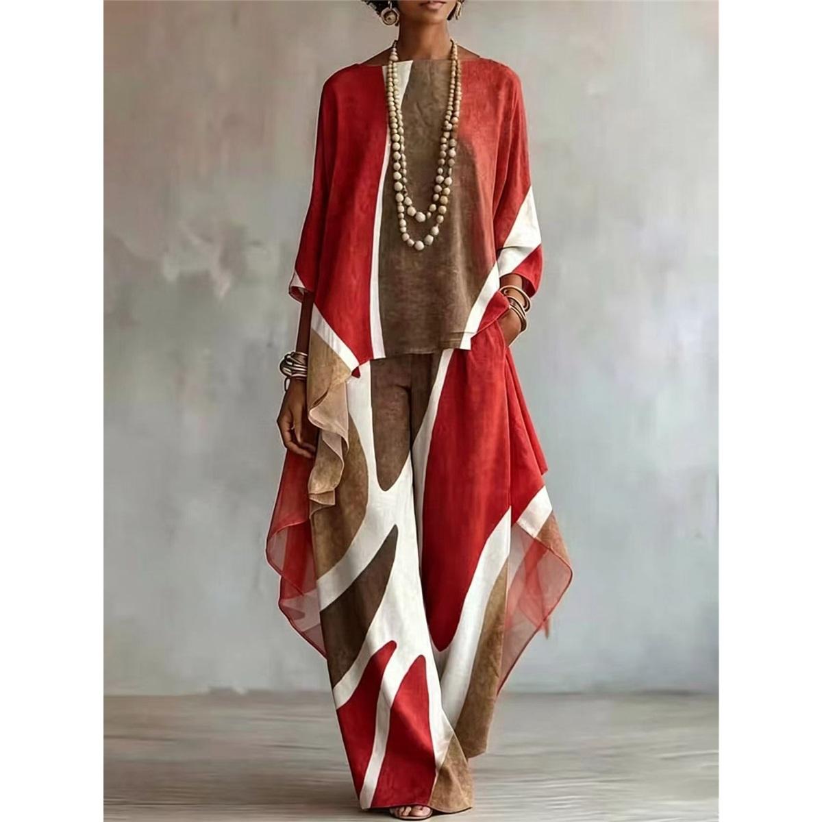Ensemble deux pièces pour femme à imprimé abstrait Hauts type cape irréguliers Ensemble pantalon large Coupe décontractée Ensemble de survêtement deux pièces pour femme XXL rouge