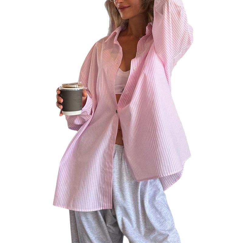 Kardigan koszulowy damski w paski w stylu casualowym i prostym, zapinany na guziki, z długim rękawem, Modny i wszechstronny top na rok 2025