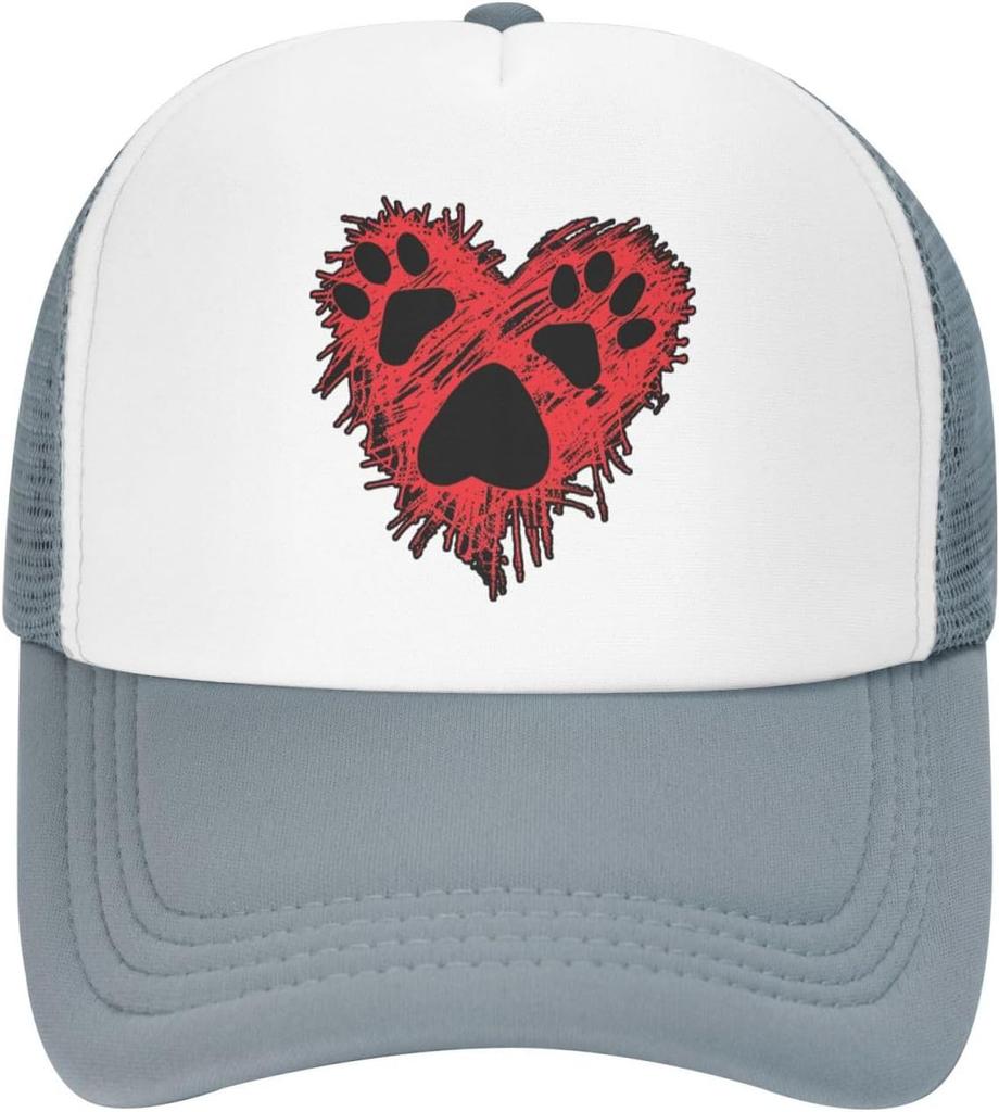 Love Heart Paw Print Trucker Hat Red Graphic Mesh Baseball Cap Adjustable Casual