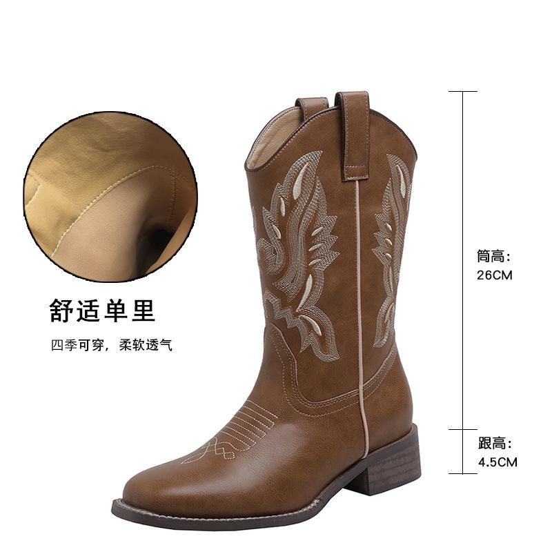 Leather western cowboy boots women's new summer embroidered knight boots Chelsea Martin boots medium tube Maillard boots