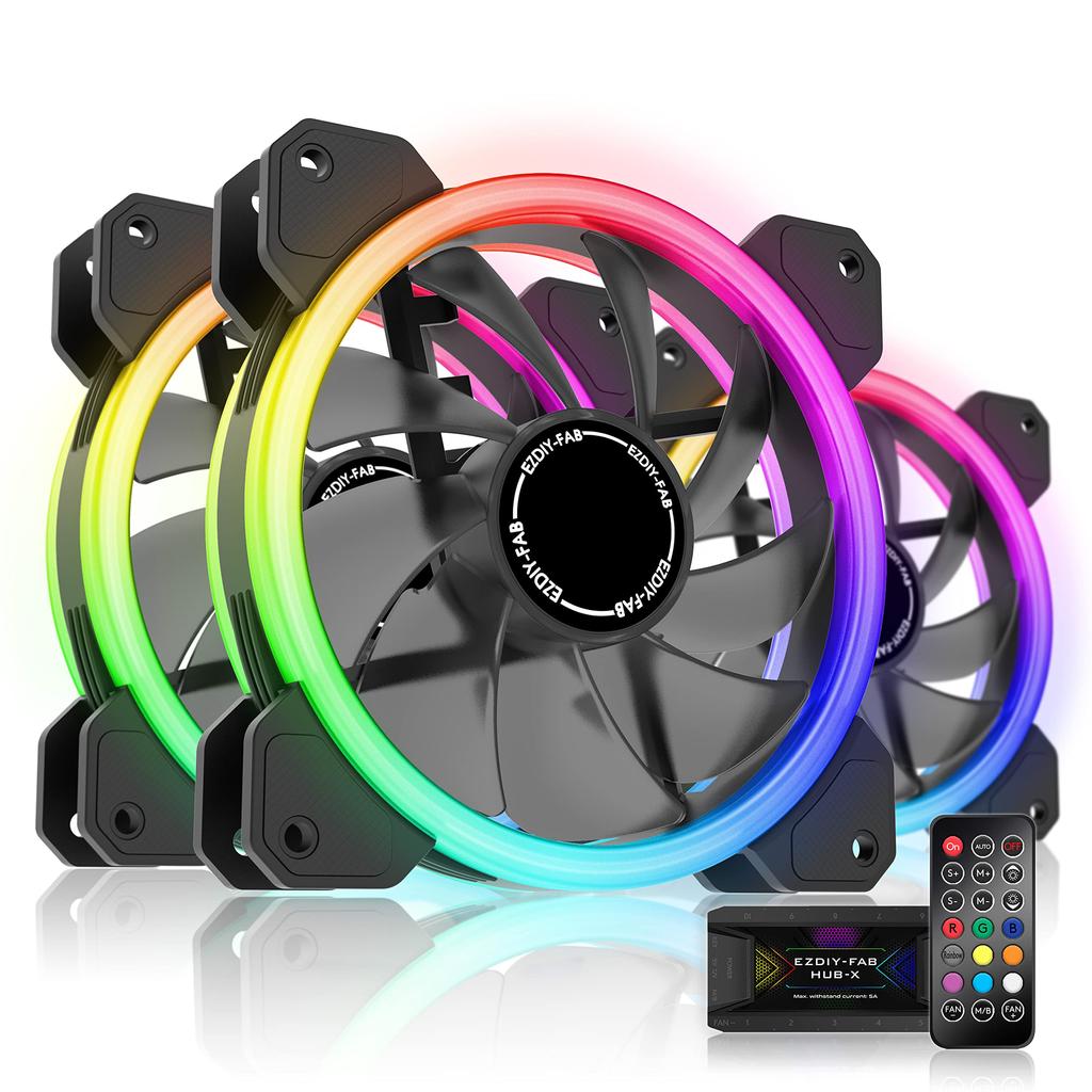EZDIY-FAB New Dual Ring 120mm RGB LED Quiet PC Case Fan, 5V3pin Motherboard Sync, Adjustable Speed, Fan Hub & Remote Control Included - 3-Pack