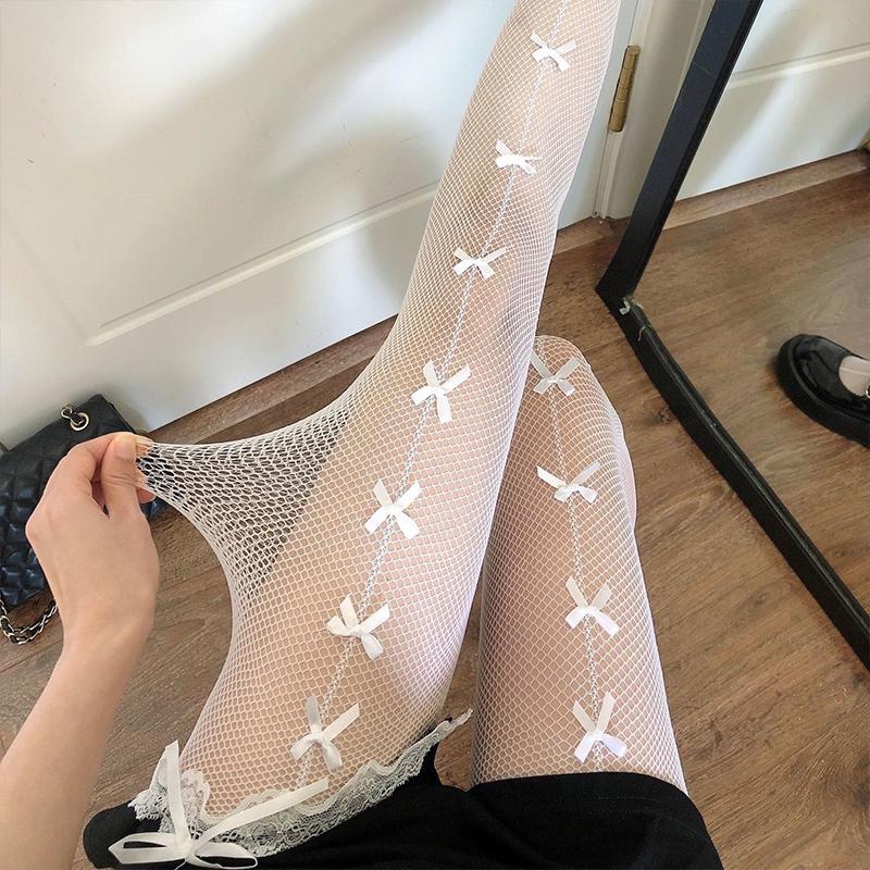 Women Bow White Tights Gothic Lolita JK Cute Bowknot Mesh Stockings Sexy Hollow Out Transparent Slim Fishnet Pantyhose