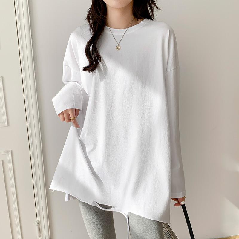 White long-sleeved T-shirt for women in spring and autumn new design niche ripped medium-length loose slimming versatile bottoming shirt