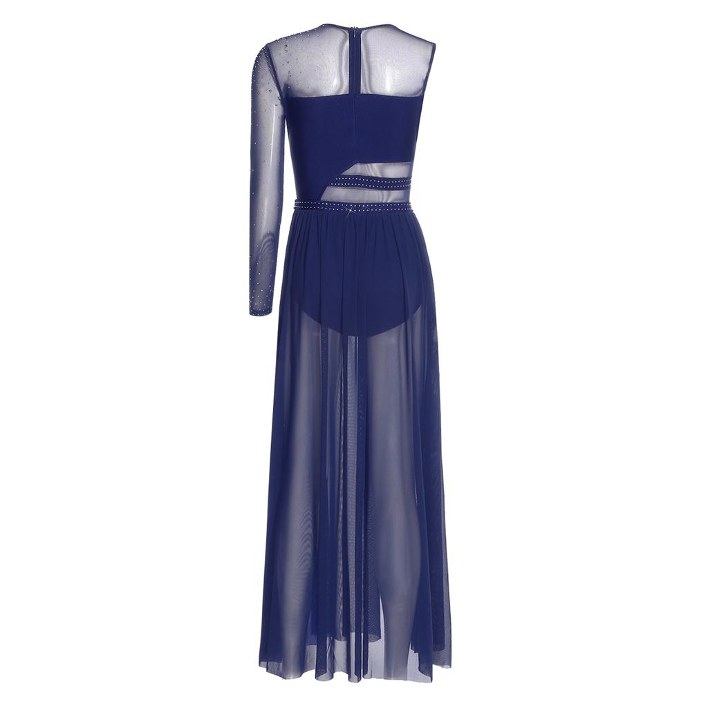 Womens Lyrical Dance Dress Shiny Rhinestones Side Split Design Sheer Mesh Color Block Patchwork Outfit