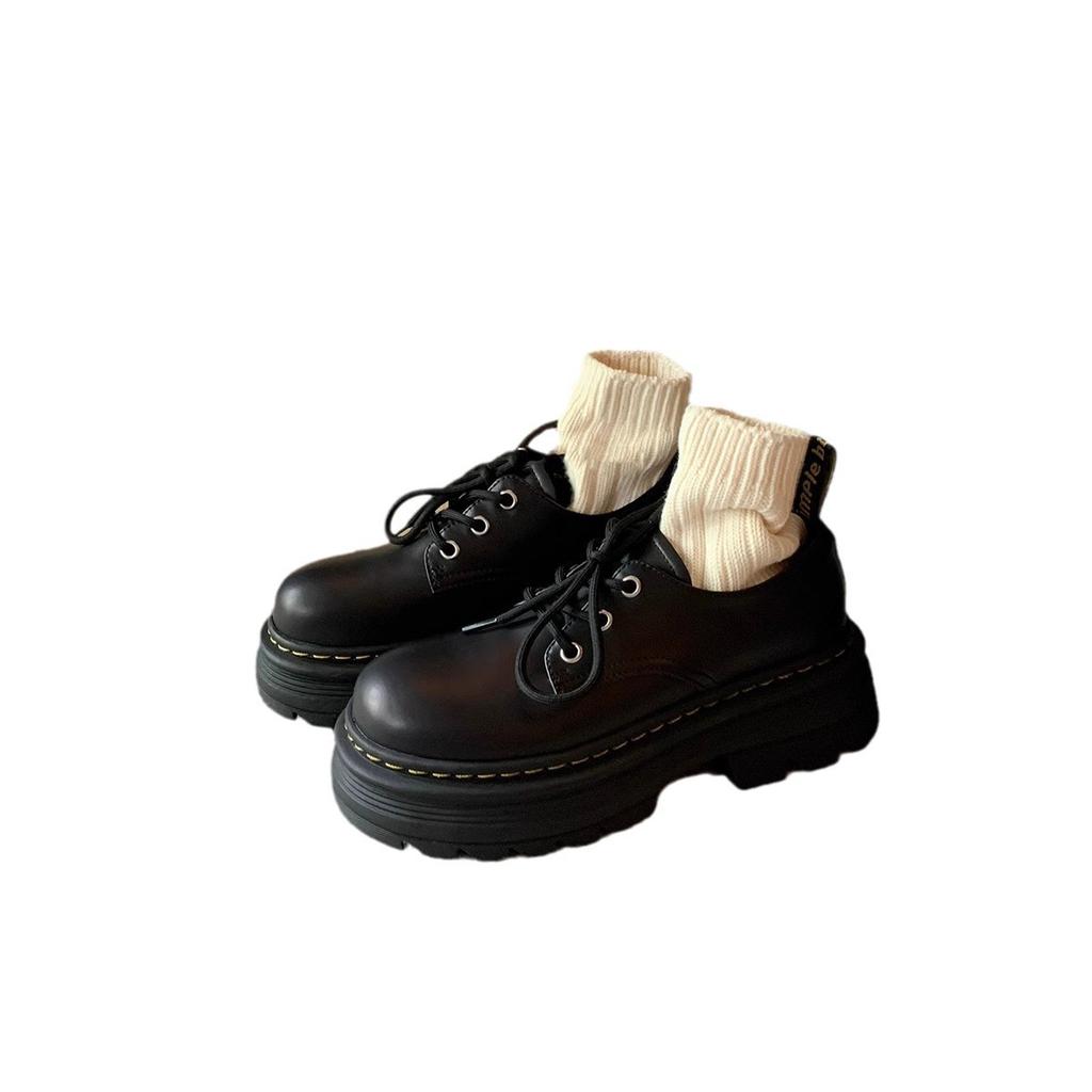 Rindslederversion~ Klassische Leder-Schnürschuhe im britischen Stil mit erhöhter dicker Sohle, runder Spitze, kleine Lederschuhe, Damen-Slipper, Muffin-Schuhe