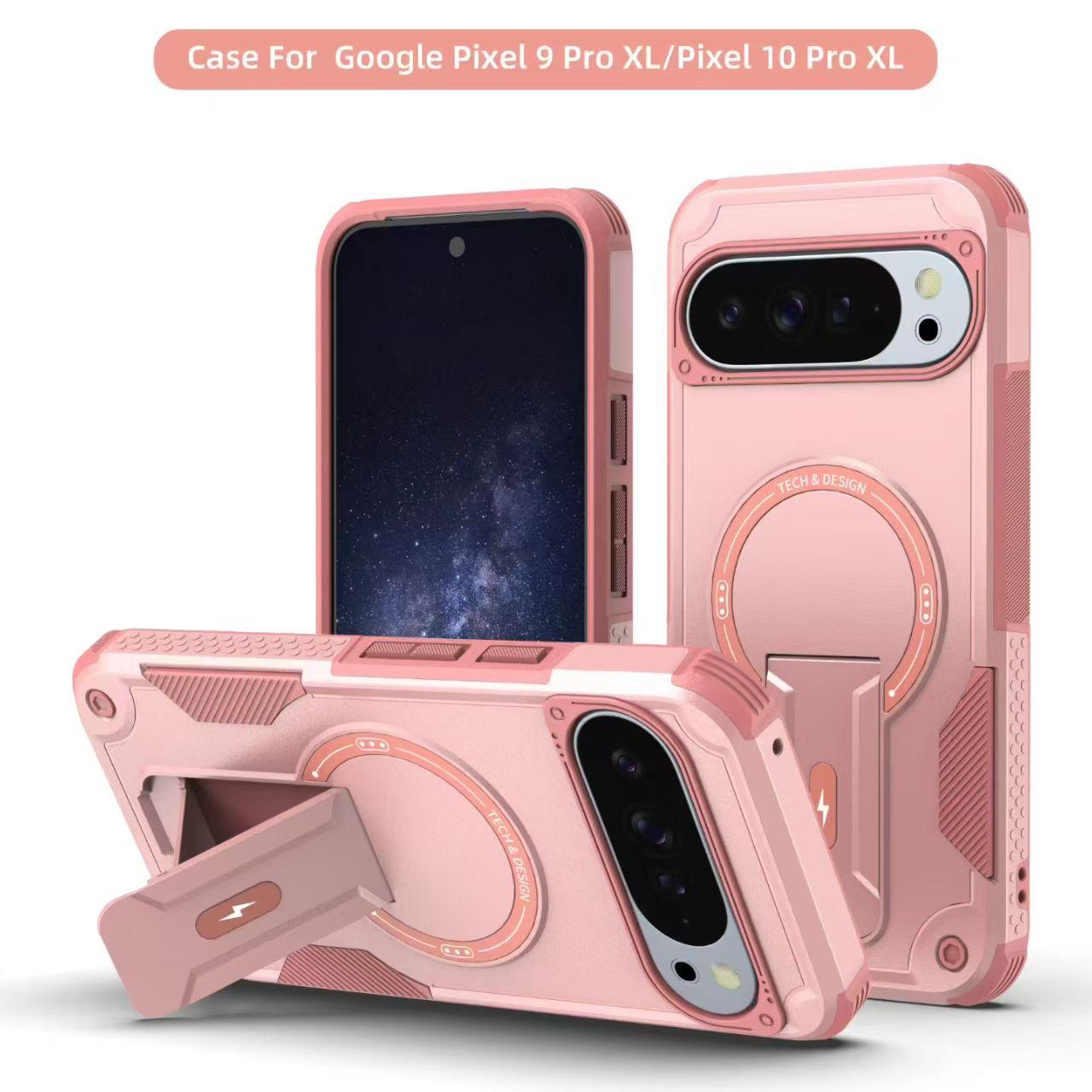 

Бронированный противоударный магнитный чехол-подставка для телефона для Google Pixel 10 9 10 Pro XL 9 Pro XL для беспроводной зарядки MagSafe Google Pixel 9 розовый